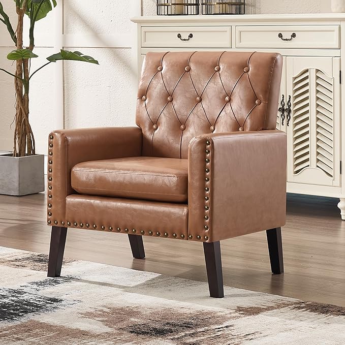 Mid Century Modern Accent Chair, Light Brown Faux Leather Office Chair for Reception - Brown Leather Club Chair for Living Room, Bedroom, or Waiting Room
