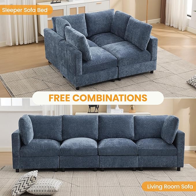 4-Seater Modular Sectional Cloud Sofa, Straight-Line Couches for Living Room, Modern Upholstered Deep Seat Sofa, Chenille Blue