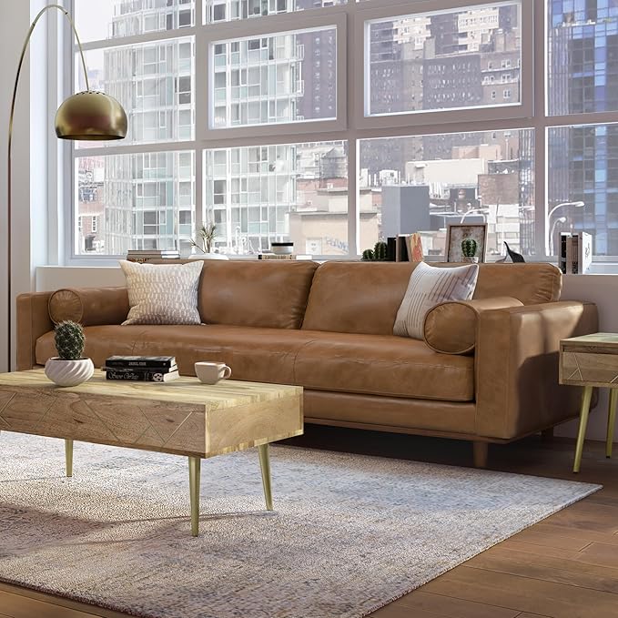 SIMPLIHOME Morrison 89-inch Wide Sofa in Caramel Brown Top Grain Genuine Leather, Mid-Century Modern Design Couch for Living Room, Single Bench Cushion, 2 Back Cushions, 2 Bolster Pillows
