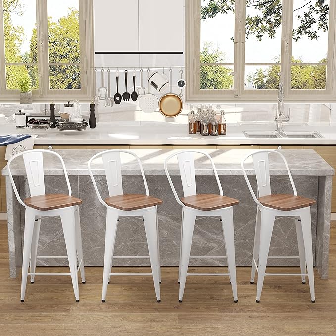 Aklaus Swivel Metal Bar Stools with Backs Counter Stools Set of 4 Counter Height Stools High Back Bar Chairs 26 Inch Barstool Farmhouse White Cream Barstools