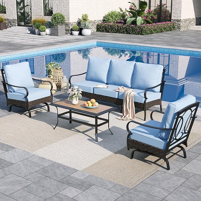 Sophia & William Patio Furniture Set, 4 Piece Metal Outdoor Conversation Set with 3-Seater Outdoor Couch, 2 Sofa Chairs, 1 Coffee Table for Outdoor Seating, Backyard, Porch(Blue)