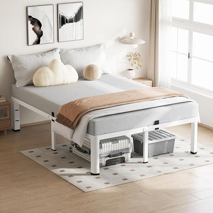 18 Inch Full Size White Bed Frame, 3500Lbs Heavy Duty Metal Platform with Round Corner Legs Mattress Slide Stopper, Steel Slat Support No Box Spring Needed, Noise Free, Non-Slip, Easy Assembly