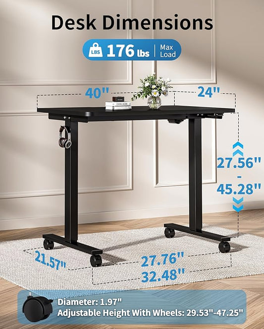 Okin Small Electric Standing Desk, 40 x 24 Inches Whole Piece Height Adjustable Desk, Black Sit to Stand Desks Computer Workstation with Wheels for Home Office