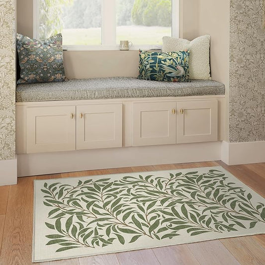 RUGGABLE x Morris & Co Washable Area Rug – Pure Willow Boughs Green 3x5, Stain-Resistant, Non-Slip – Small Machine Washable Rugs for Living Room, Bedroom, Hallway, Entryway & Office–with Standard Pad