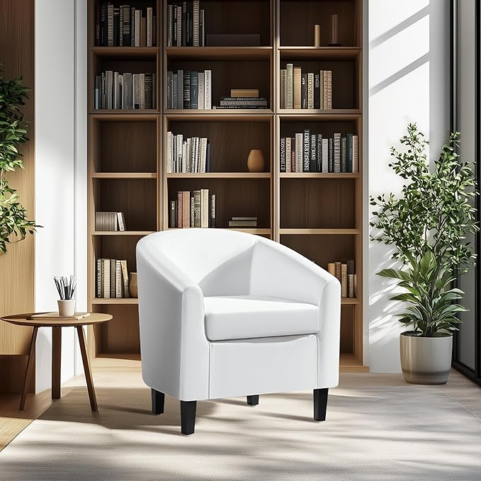 Yaheetech White Leather Chair, Faux Leather Accent Chair, Modern Barrel Chair Comfy Club Chair with Soft Padded and Solid Legs for Living Room Bedroom Reception Room, White