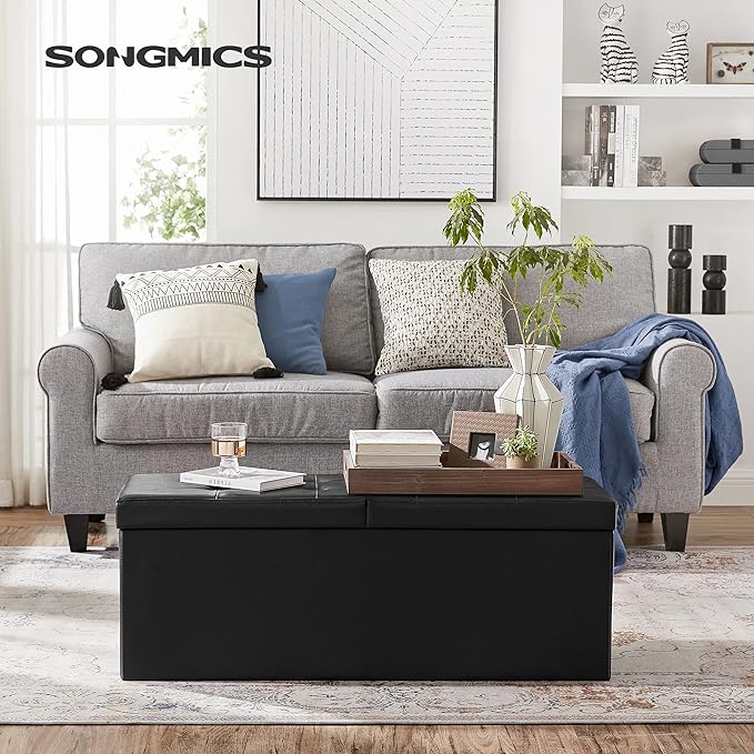SONGMICS MAZIE Collection - 43 Inches Storage Ottoman Bench with Flipping Lid, Storage Chest with Iron Frame Support, Load 660 lb, for Living Room, Bedroom, Synthetic Leather, Black ULSF75BK
