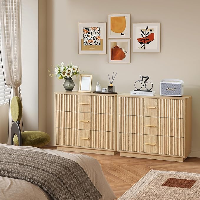 Fluted Dresser for Bedroom with 3 Drawers,31.5"Wide Modern Chest of Drawers with Metal Handle,Large Storage Dresser,Wood Closet Clothes Storage Organizer for Nursery Living Room Hallway,Natural 2 Sets