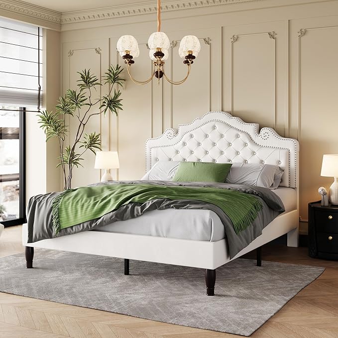 SHA CERLIN Full Size Bed Frame with Adjustable Headboard/Velvet Upholstered/Diamond Button Tufted and Metal Studs/No Box Spring Needed/Sturdy Wood Slat Support/Easy Assembly/White