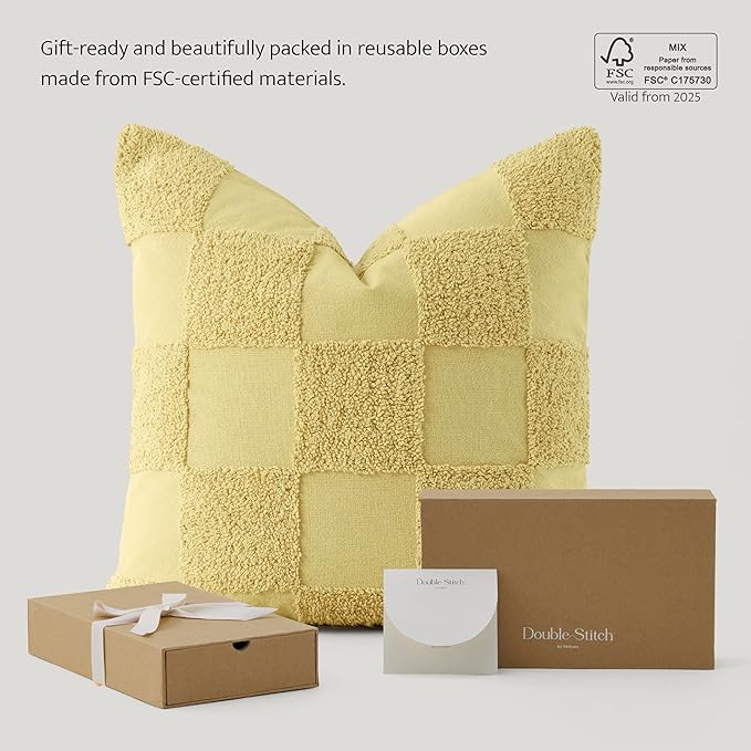 Double Stitch 100% Cotton Throw Pillow Covers - Checkered Tufted Boho Decorative Pillow Covers 20x20, Made in India, Square Cushion Case, Modern Home Decor for Couch, Sofa, Living Room, Lemon Yellow