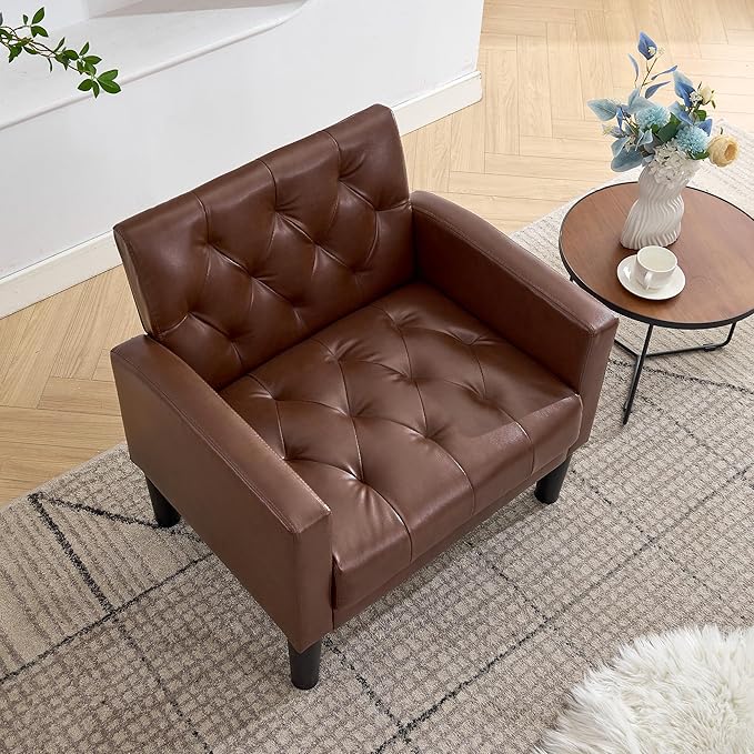 TYBOATLE Accent Chair Comfy Living Room Chair Leather Tufted Mid Century Modern Accent Chair, Small Cozy Reading Arm Chair for Office, Bedroom (1, Brown)