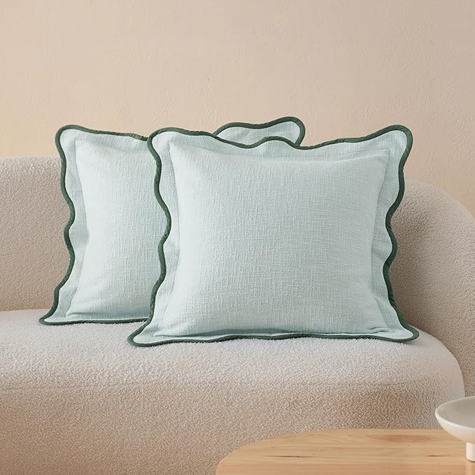 Double Stitch Scalloped Throw Pillow Covers - 100% Cotton Set of 2 Decorative Boho Pillow Covers 18 x 18, Made in India, Square Cushion Case, Modern Home Decor for Couch Sofa Living Room, Aqua Mint