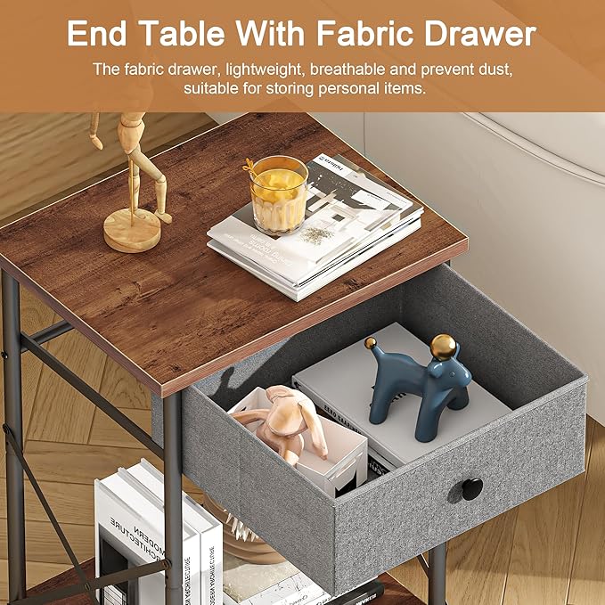 VECELO End Tables, Modern Nightstand with Fabric Drawer & Open Shelf, Night Stand for Bedroom Living Room, Industrial Metal Frame, Easy Assembly, Retro Brown,1 Pack