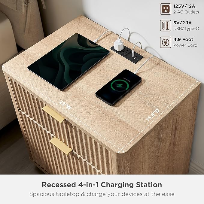 T4TREAM 23'' Fluted Nightstand with Charging Station, Large 2 Drawer Bedside Table, Modern End Table with Storage, Mid Century Night Stand for Bedroom, Living Room, Curved Profile, Natural Oak