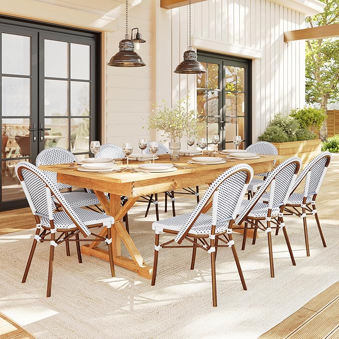 Martha Stewart Lily Pond Indoor-Outdoor Stackable Bistro Chairs with Natural Woodgrain Aluminum Frame Finish, White/Navy Woven Rattan Backrests/Seats, Set of 2