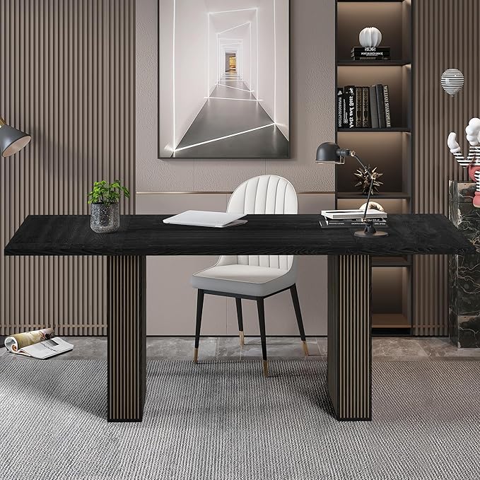 LEVNARY 78 Inch Long Executive Desk, Large Office Desk with Wood Strip Base, Modern Farmhouse Computer Desk Business Furniture for Home Office (Black)