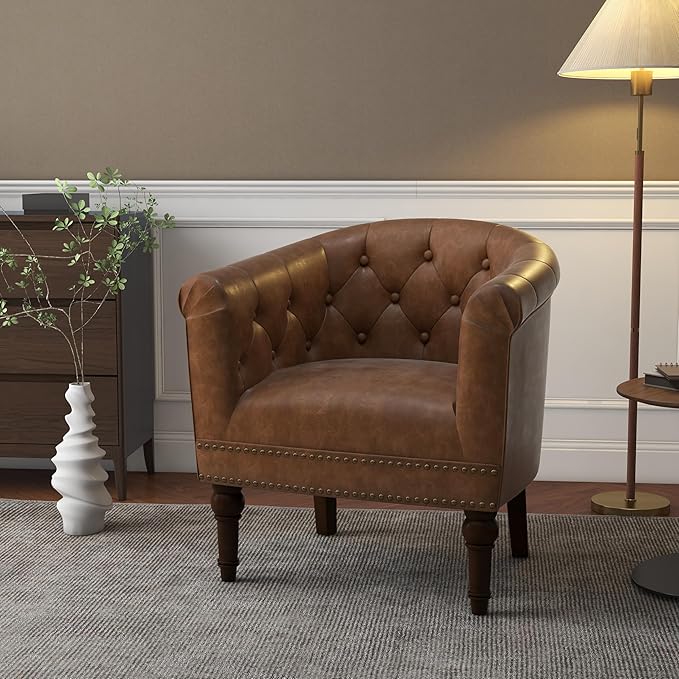 Lumibee Faux Leather Barrel Chair, Upholstered Accent Chair for Living Room, Modern Comfy Club Armchair for Office, Bedroom, Waiting Room-Brown