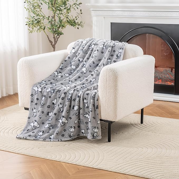Berkshire Blanket Peanuts® VelvetLoft® Cute Character Snoopy Plush Throw Blanket,Peanuts Poses and Paws Grey,Throw 55 in x 70 in (Official Peanuts® Product)