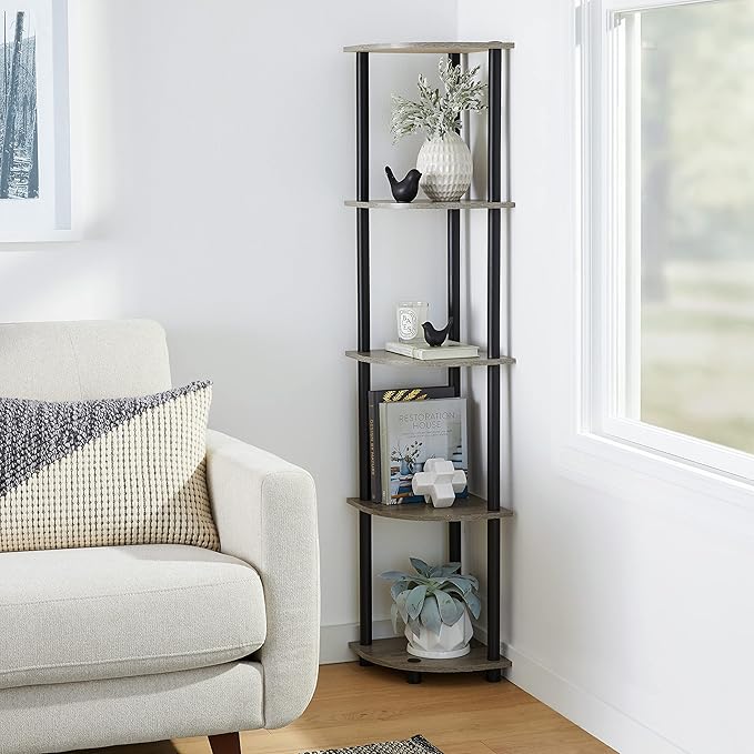 Furinno TURN-N-TUBE Corner Shelf Set of 2, 5-Tier Corner Bookshelf, Open Storage Shelves, for Organization and Storage, Living Room, Home Office, Garage, French Oak