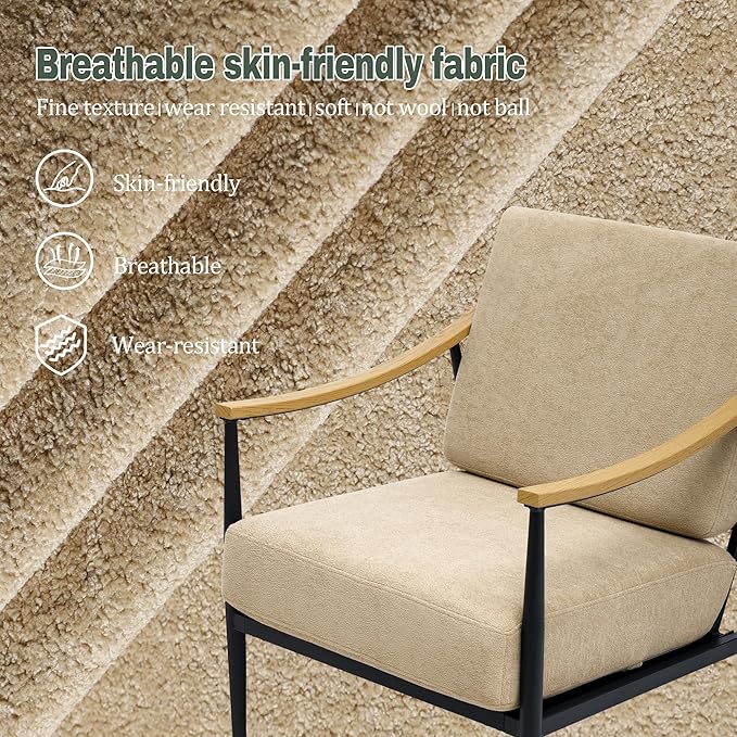 Modern Accent Chairs Set of 2 for Living Room Bedroom Mid Century Arm Chairs Upholstered Office Accent Chairs Comfy Waiting Room Chairs with Metal Frame, Khaki