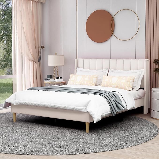 AGARTT Upholstered Platform Bed Frame Queen Size with Headboard and Footboard/Wooden Slats Support/No Box Spring Needed/Easy Assembly,Beige Velvet