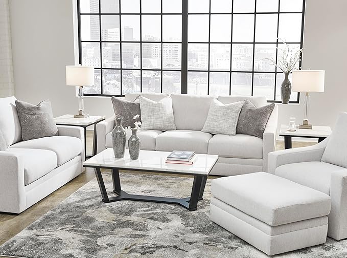 Signature Design by Ashley Maitelynn Contemporary Sofa with Accent Pillows, Reversible Cushions and Sloped Arms, Light Gray