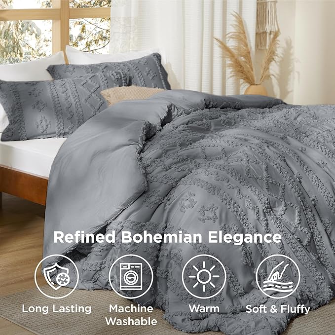 Bedsure Tufted Boho Comforter Set California King Size - Grey Boho Bed Set, GentleSoft™ 3 Pieces Farmhouse Shabby Chic Embroidery Bedding, Gifts for Woman, Soft Jacquard Comforter for All Seasons