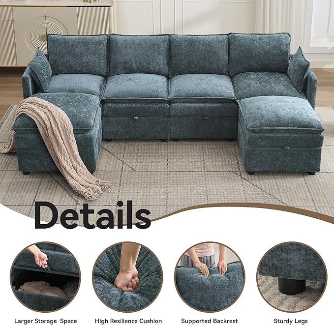 105" Cloud Modular 4 Seater Sofa with 2 Storage Ottoman, Modern Upholstered Sofa Storage Sofa Couch Deep Seat, U Shape Sectional Sofa Chenille Comfy Couch with Armrests for Living Room, Blue