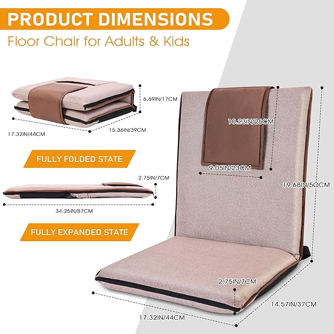 Floor Chair with Back Support 14-Position Adjustable Floor Chair Portable Ground Seating for Adults & Kids Foldable Meditation Seat with Japanese KOYO Bearings & Washable Linen Cover (Coffee)