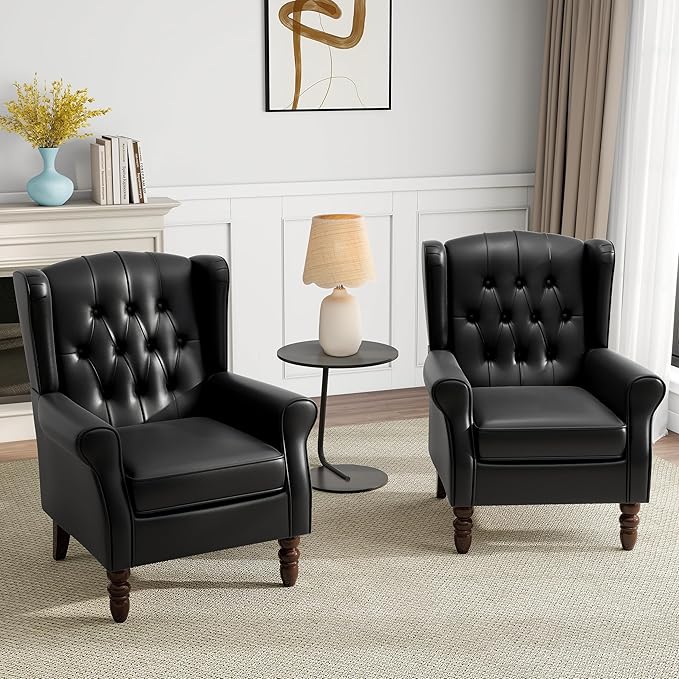 Mid-Century Modern Wingback Accent Chair - Luxe PU Faux Leather Upholstery with Solid Wood Legs, Ergonomic High Back Design - Water Resistant Living Room, Bedroom & Home Office Chair (Black)