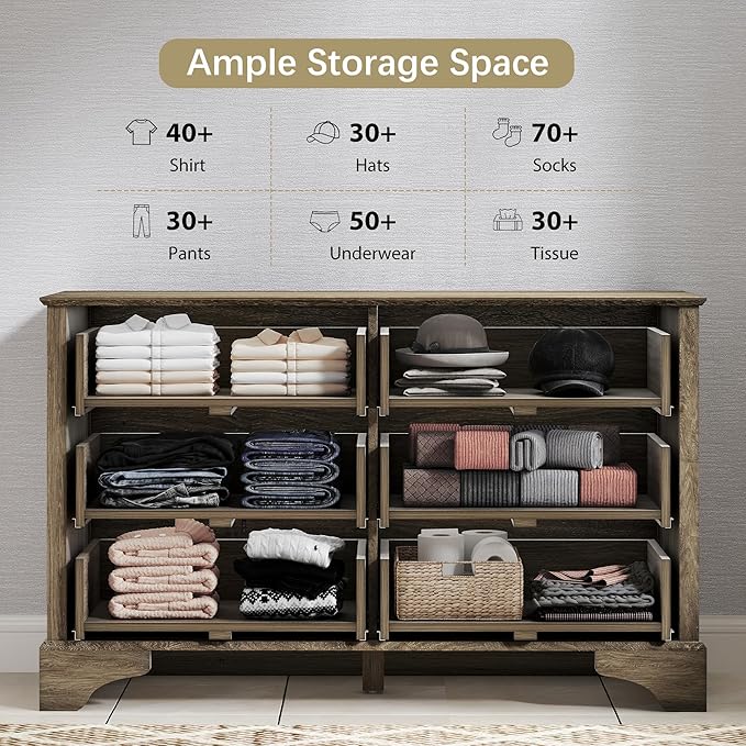 Farmhouse 6 Drawers Dresser for Bedroom, 47'' Wide Rustic chests of Drawers with Natural Texture, Wood Dresser Vintage Design, Storage Dressers Organizer, Grey