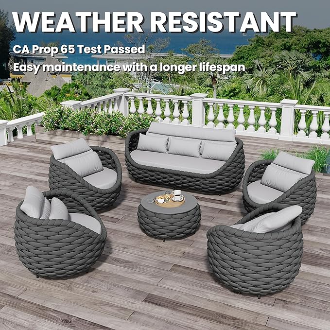 Aluminum Woven Rope Patio Furniture Set: 6 Pieces Assembled Outdoor Conversation Sofa Set for 7 - Modern Metal Couch Set Cushioned - All Weather Porch Seating for Deck Garden Lanai Hotel Resort
