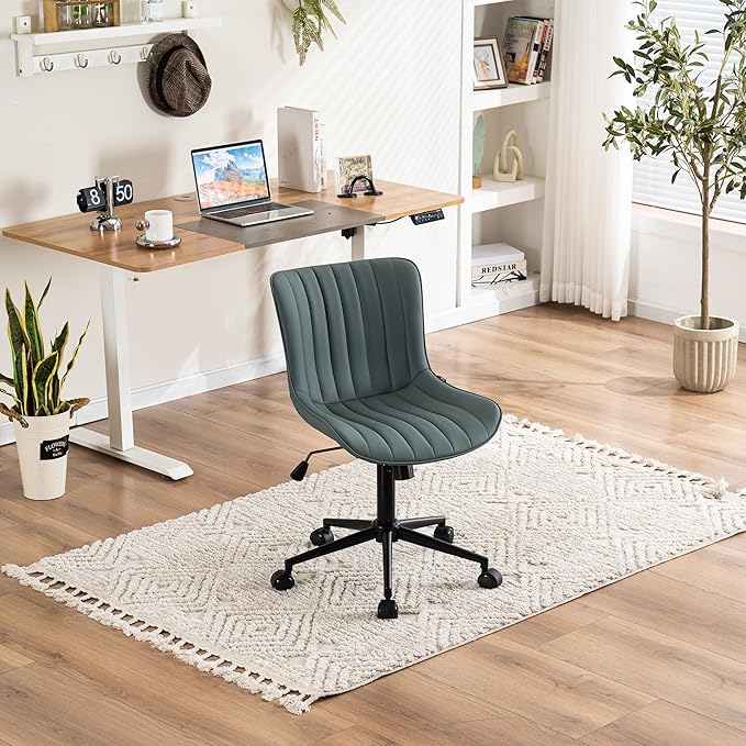 YOUNIKE Home Office Desk Chair with Wheels Armless Compact Comfy Vanity Chair with Adjustable Back Modern Small Leather Upholstered Rolling Swivel Cute Computer Task Chair No Arms Greyish Green