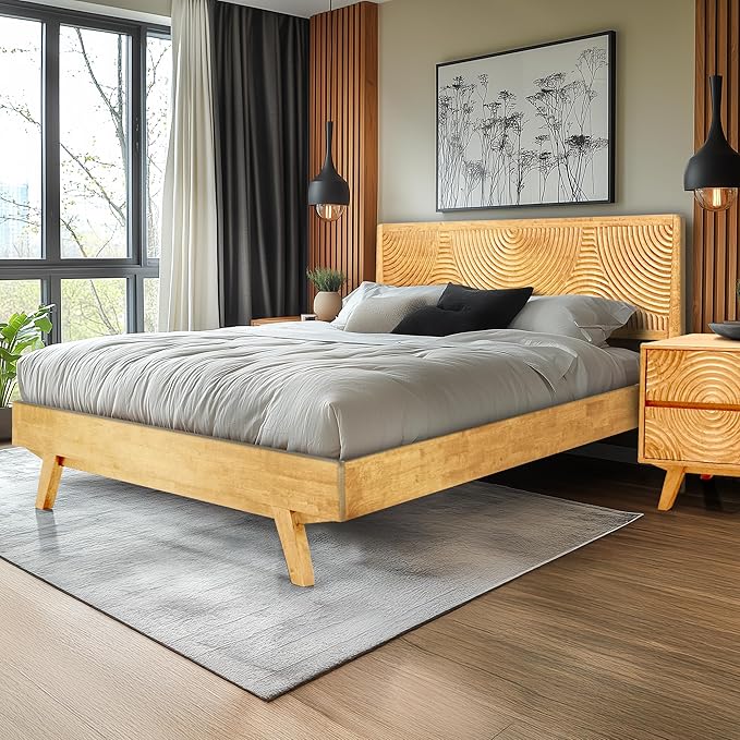 Acacia Harmony King Platform Bed Frame – Solid Rubber Wood, Natural Oak Finish, Mid-Century Style, Bold Circular Wood Pattern, 800lbs Capacity, No Box Spring Needed, Easy Assembly