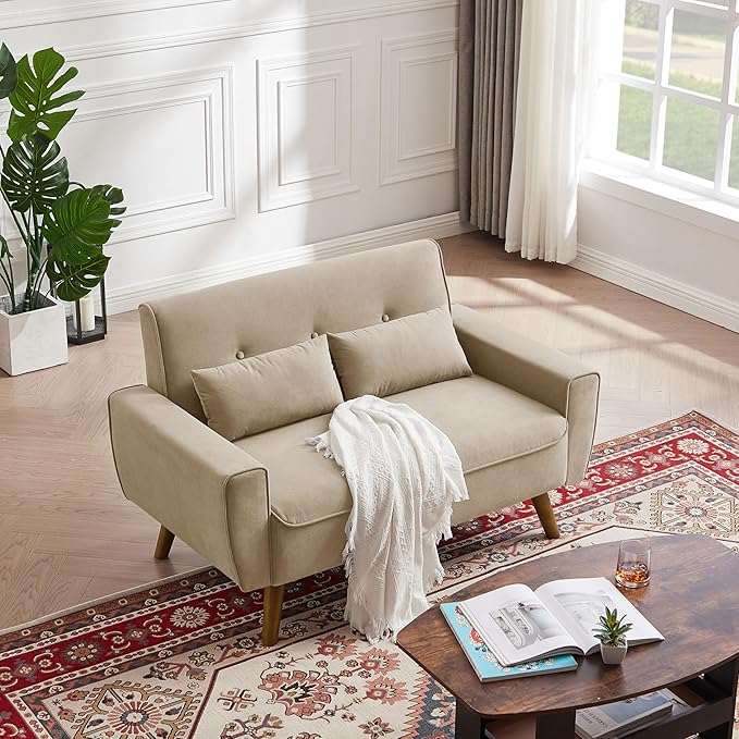 48.8" Small Loveseat Sofa, Mid Century Modern Love Seat Couch with Back Cushions and Plastic Legs, 2 Seater Couches for Living Room, Bedroom, Small Spaces, Beige