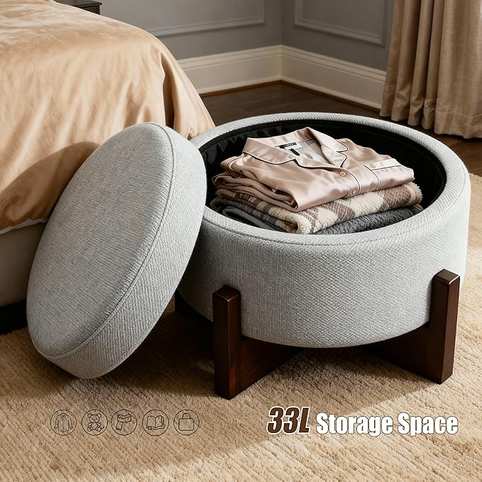 modscape 24-Inch Large Round Chenille Storage Ottoman Coffee Table Upholstered Velent Ottoman Table for Living Room Soft Tufted Circle Boucle Ottoman with Lift-Off Lid X-Base (Gray, 24in-X-Base)