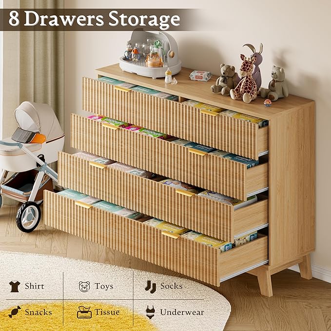 53" Tall Dresser for Bedroom, 8-Drawer Fluted Chest of Drawers, Modern Wood Highboy with Metal Slides and Handles, Anti-Tip Kit, Vertical Clothes Storage Organizer for Apartment, Closet
