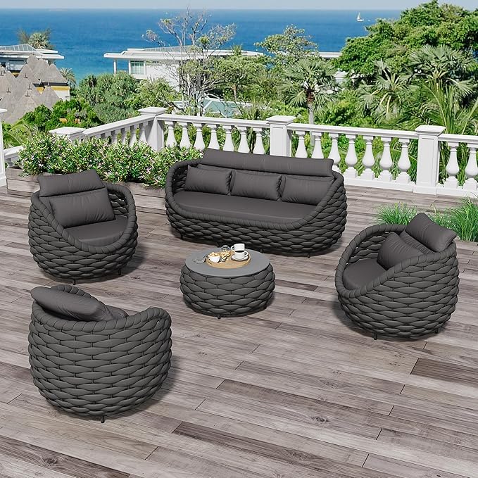 Aluminum Outdoor Patio Couch Set: 5 Pieces Woven Rope Porch Furniture Sofa Set - Metal Modern Deck Conversation Set - All Weather Assembled Courtyard Seating for Backyard Hotel Resort, Dark Grey