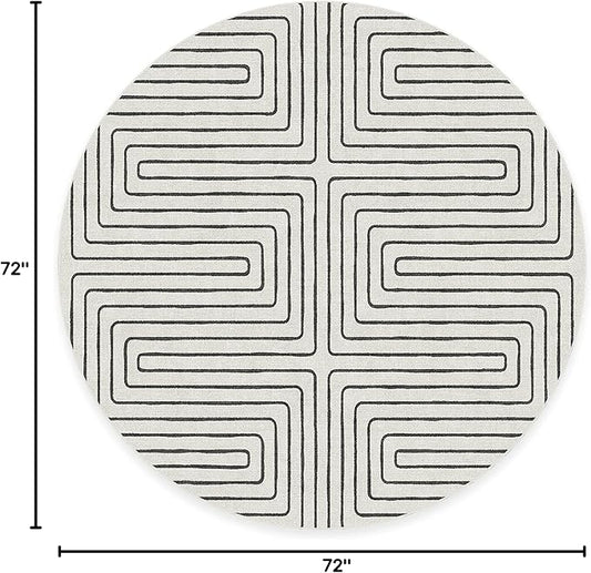 RUGGABLE x Jonathan Adler Machine Washable Area Rug – Labyrinth Black/Ivory 6 ft Round, Stain-Resistant, Non-Slip – Medium Rugs for Living Room, Bedroom, Hallway, Entryway & Office–with Cushioned Pad