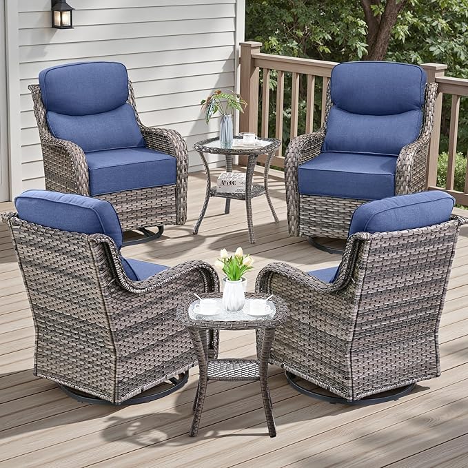 Rilyson 6 Piece Outdoor Patio Swivel Rocker Chairs, Waterproof Wicker, High Back, Deep Seating, Wide Armrest, Upgraded 6 inch Thick Cushions, Side Table, Ideal for Deck Porch Yard, Mixed Grey/Blue