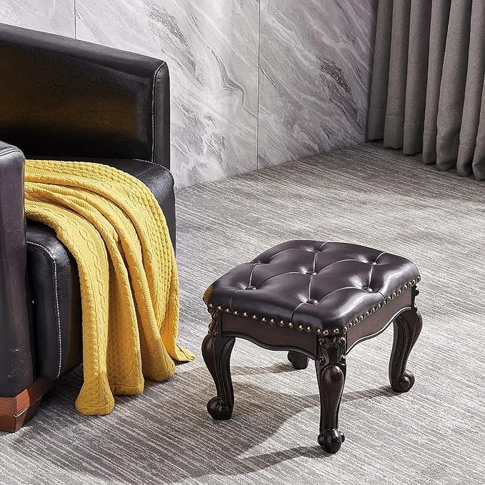 Foot Stool Ottoman Foot Rest Microfiber Leather Upholstered Footstool for Sofa, Living Room, Entryway, Solid Wood Stool (Dark Brown)