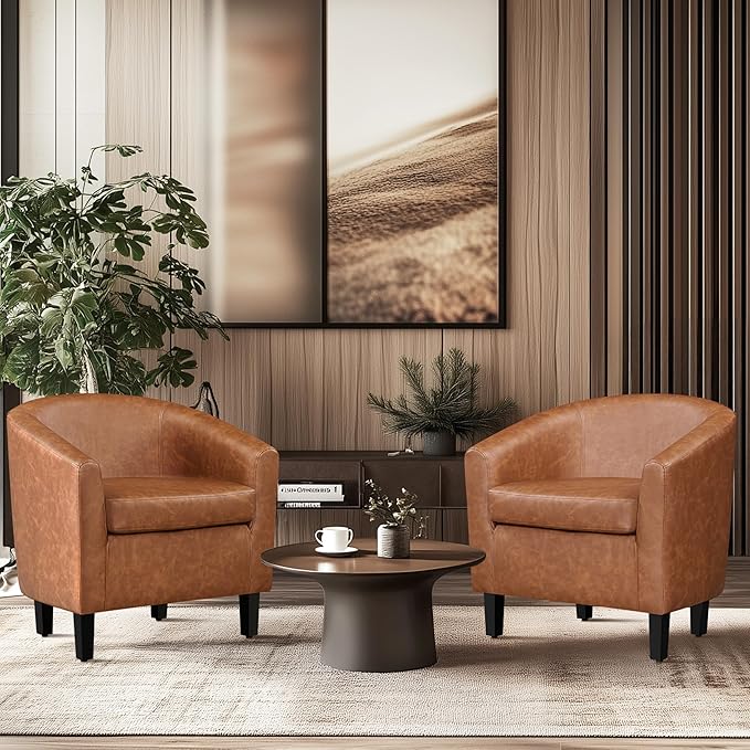 Yaheetech Brown Accent Chairs Set of 2, Faux Leather Barrel Chairs, Comfy Modern Leather Club Armchairs with Soft Seat for Living Room Bedroom Reading Waiting Room, Brown