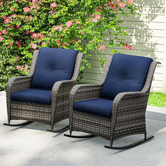 Outdoor Rocking Chair of 2, Wicker Patio Rocker Chair for Yard, Porch, Mixed Brown Grey Rattan, Blue Cushions