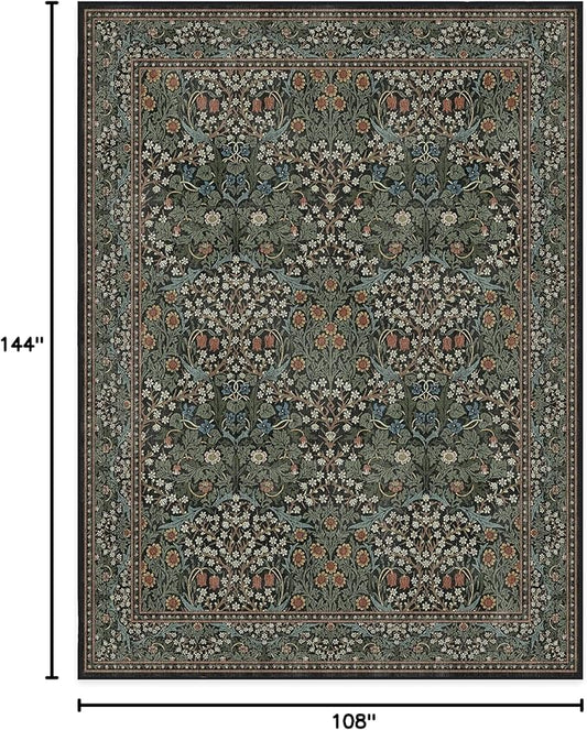 RUGGABLE x Morris & Co Washable Area Rug – Blackthorn Forest Green 9x12, Stain-Resistant, Non-Slip – Large Machine Washable Rugs for Living Room, Bedroom, Hallway, Entryway & Office–with Standard Pad