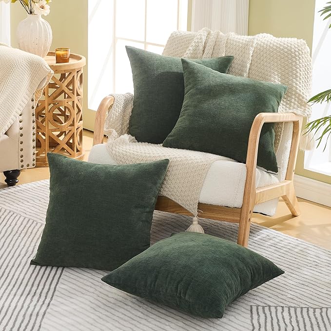 GAWAMAY Decorative Square Throw Pillow Covers 18"x18" Inch Set of 4, Super Soft Chenille Pillows Cover Pillowcase for Living Room Bedroom Sofa Couch Cushion Cover Dark Green 45x45cm (No Insert)