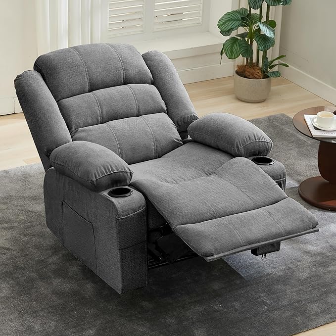 Large Recliner Chair for Adults Overstuffed Fabric Manual Pull Tab Recliner with Cup Holders, Side Pocket, 3-Position Recline, Minimalist Style Single Sofa Chair for Living Room Bedroom, Gray
