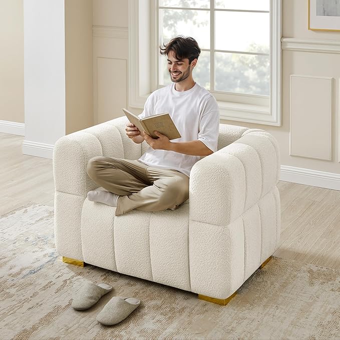 VANOMi 44.09”Oversized Accent Chair, Boucle Arm Chair with Deep Seat, Comfy Reading Chair for Living Room, Bedroom, Office, Apartment, White (1 Piece)