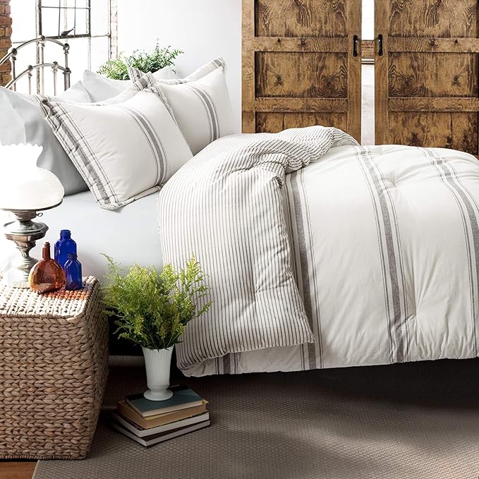 Lush Decor Stripe Reversible Cotton Comforter Set, Cozy Farmhouse Bedding Set, Full/Queen, Gray, 3 Piece Set
