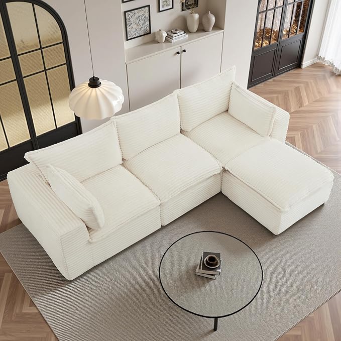108" Sectional Couches for Living Room Boneless Couch Upholstered Cloud Couch Sectional Modular Sectional Sofa with L Shaped (Corduroy-White, 3 Seat+1 Ottoman)