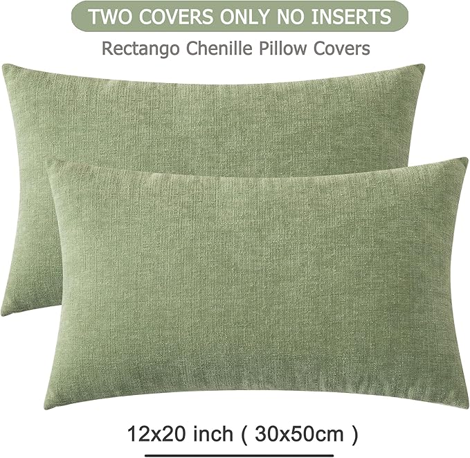 GAWAMAY Lumbar Decorative Rectangle Throw Pillow Covers 12"x20" Inch Set of 2, Super Soft Chenille Throw Pillowcase for Sofa Living Room Bedroom Couch Cushion Cover Sage Green 30x50cm (ONLY Covers)