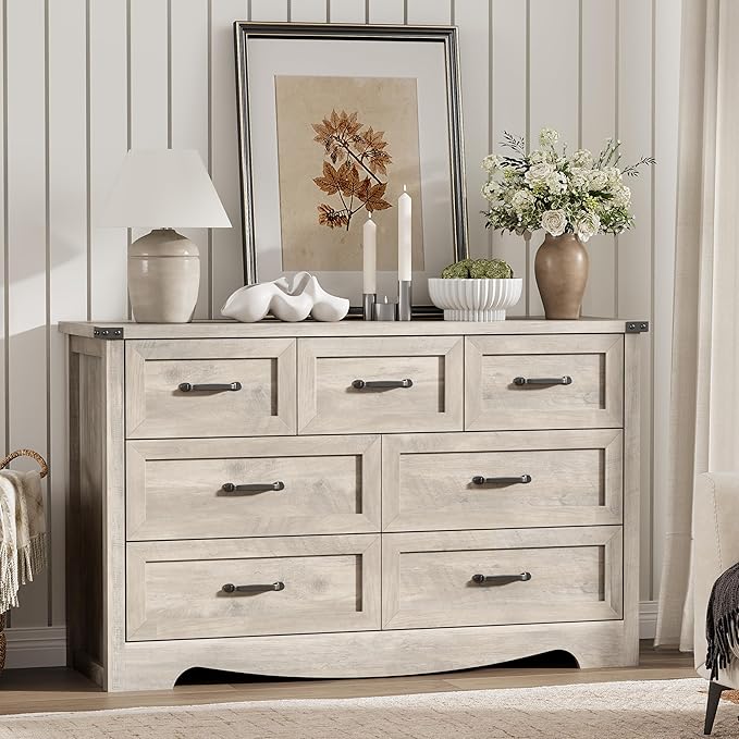 Dresser for Bedroom with 7 Drawers, 48" Wide Modern Chest of Drawers with Deep Drawers & Mental Handle, Wood Dresser TV Stand, Wooden Closet Storage Organizer for Living Room, Hallway, Entryway, Grey